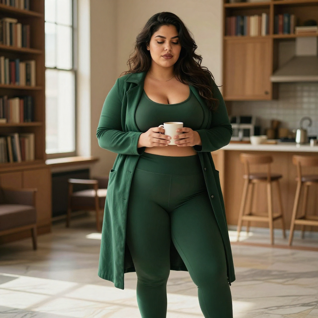 Gianna holding a coffee mug, morning kitchen routine